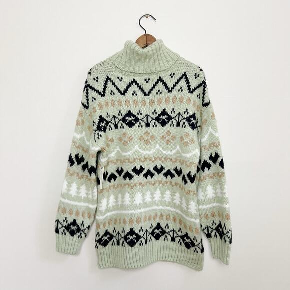 NWT Anthropologie Green Fair Isle Turtleneck Oversized Winter Holiday Sweater S - Picture 7 of 14